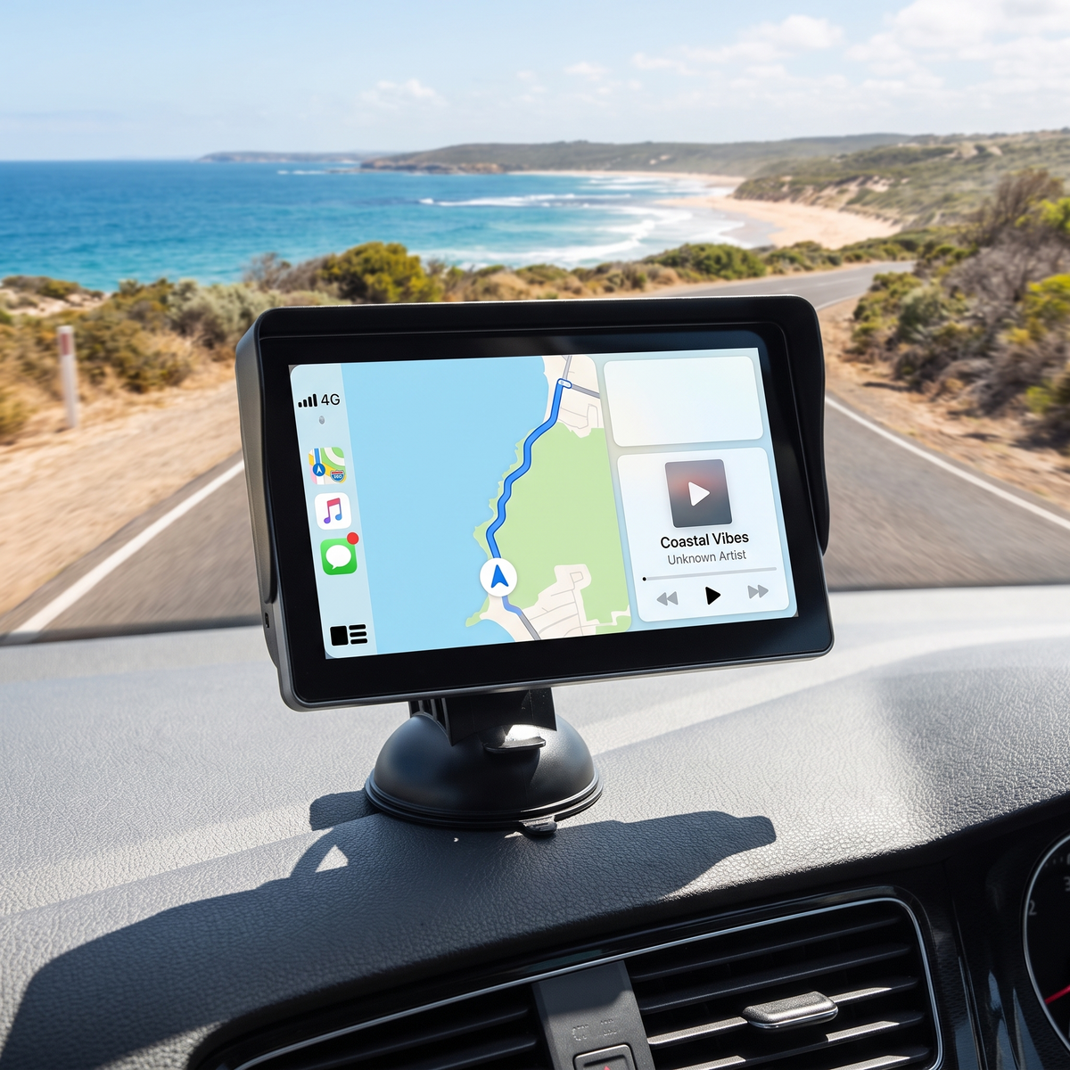 Portable wireless CarPlay screen on a car dashboard
