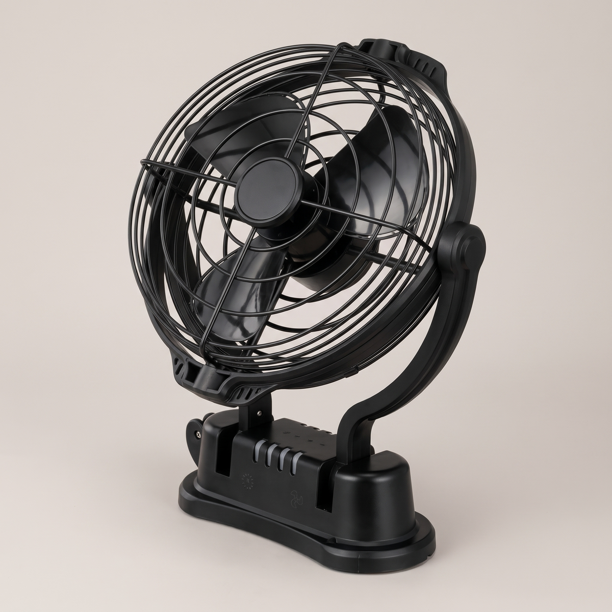 12V/24V 360° Swivel Camp Fan – studio three-quarter view