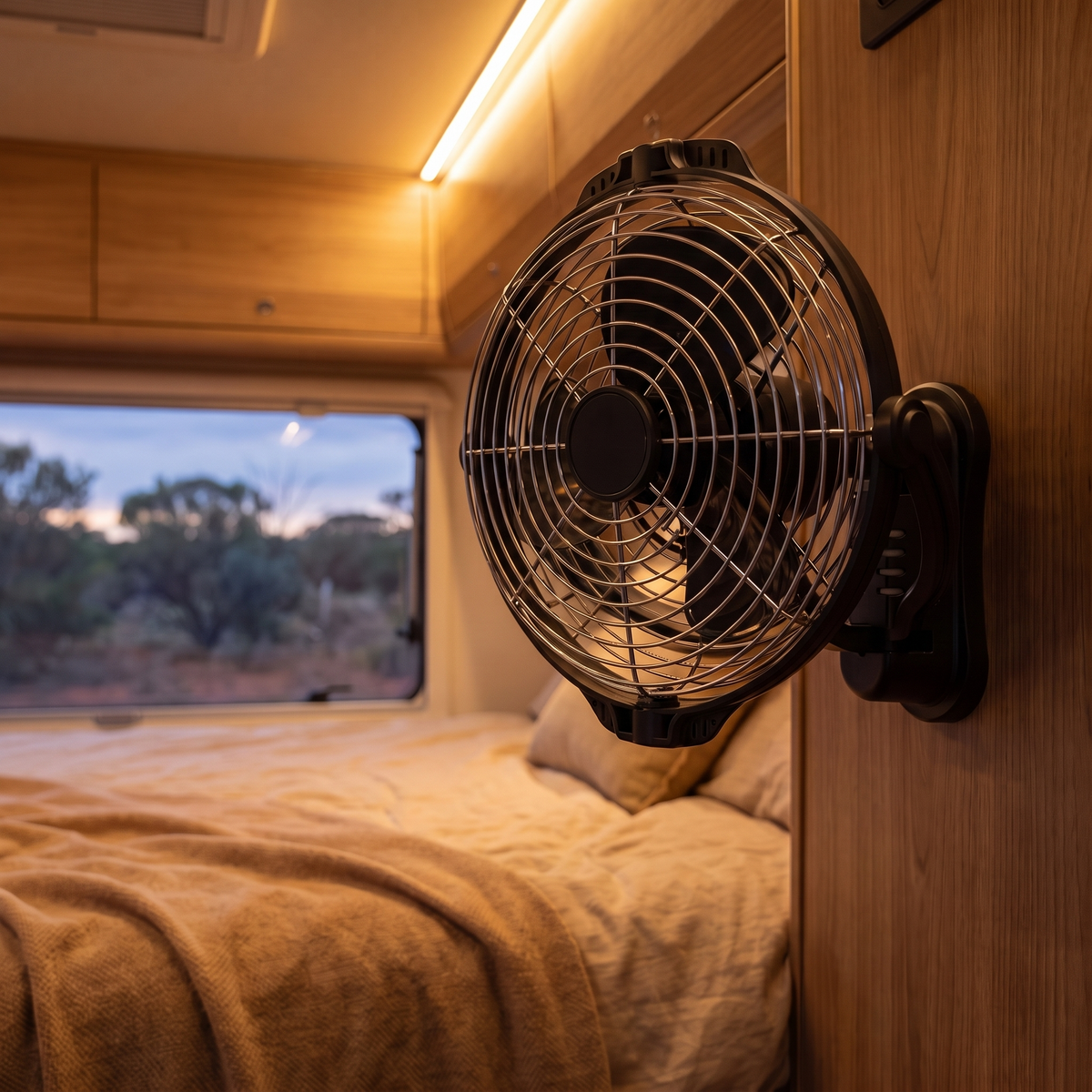 12V/24V 360° Swivel Camp Fan – speed switch and base close-up