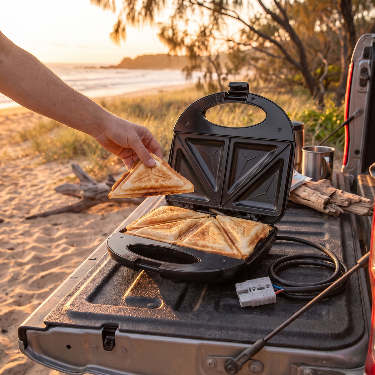 12V Toastie Sandwich Maker with Anderson Plug – lid open with golden toasties