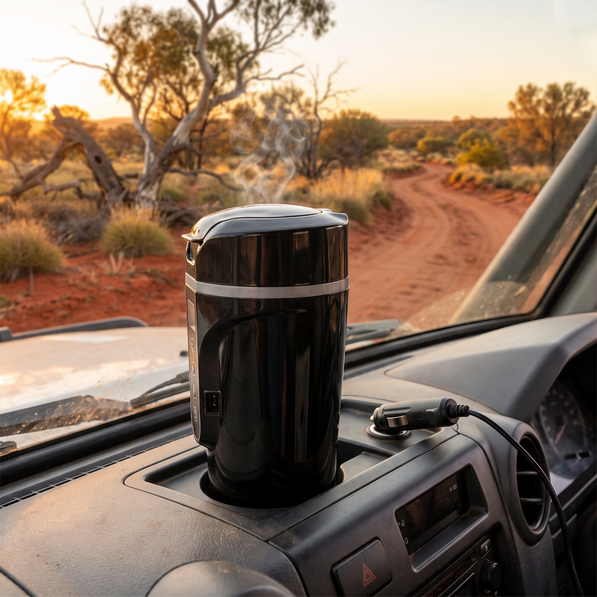 12V Travel Kettle Mug – in the centre console at an outback lookout at sunrise