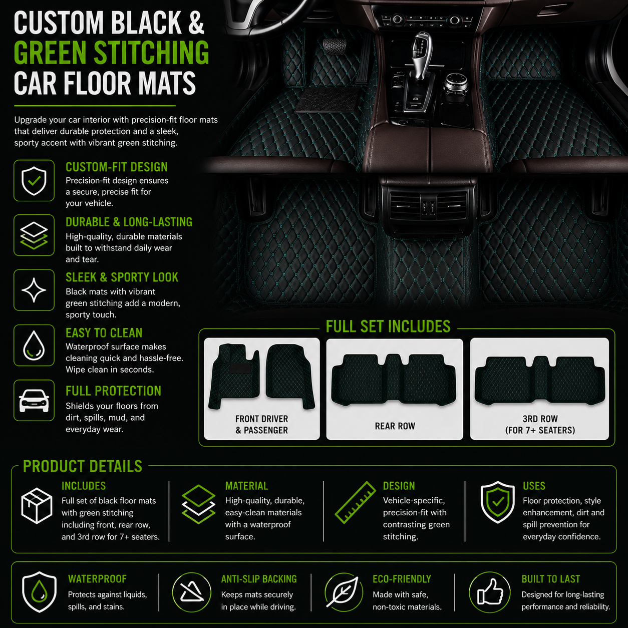 Black & Green Stitched Diamond-Quilted Leather Floor Mats – Custom-Fit