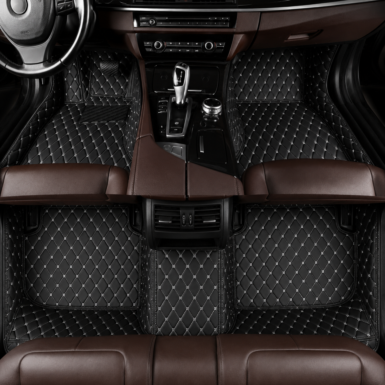 Black & Beige Stitched Diamond-Quilted Leather Floor Mats – Custom-Fit