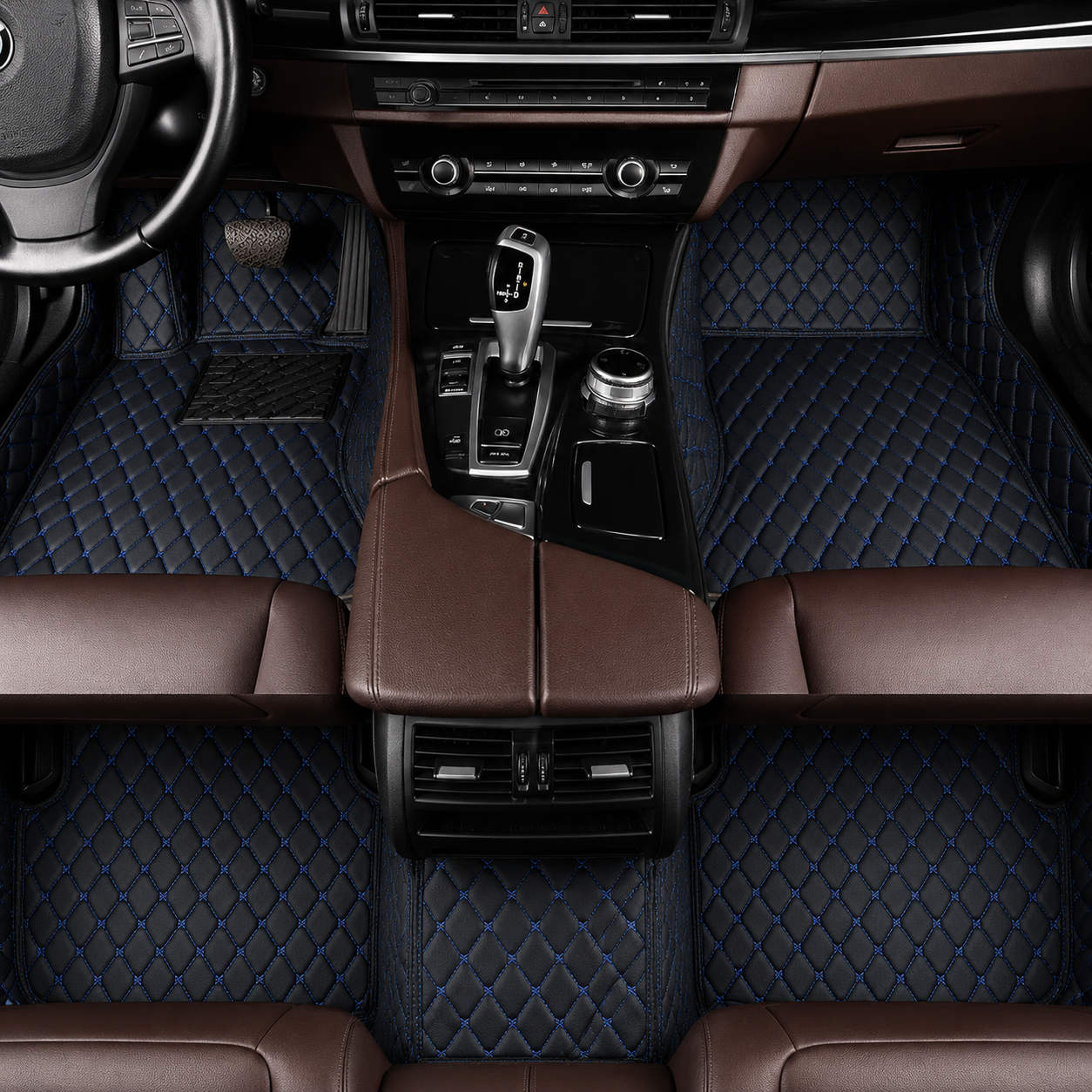 Black & Blue Stitched Diamond-Quilted Leather Floor Mats – Custom-Fit