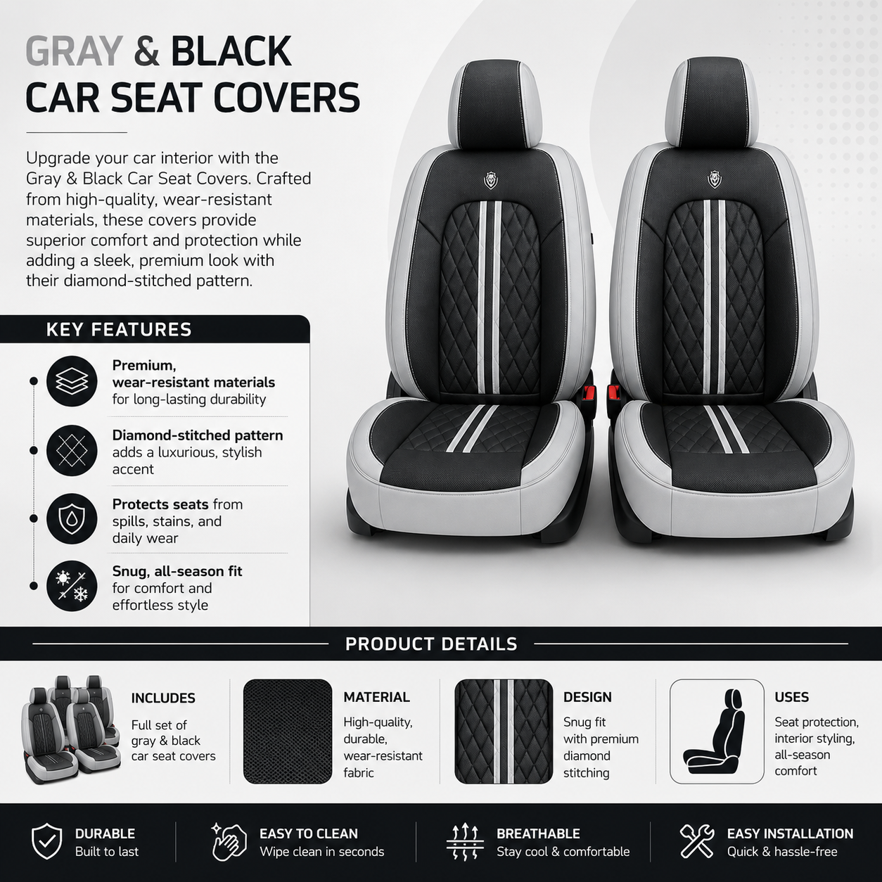Gray & Black Car Seat Covers