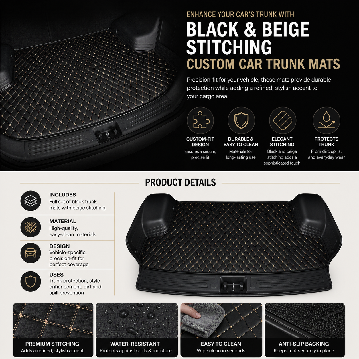 Black & Beige Stitching Custom Car Trunk Mats
