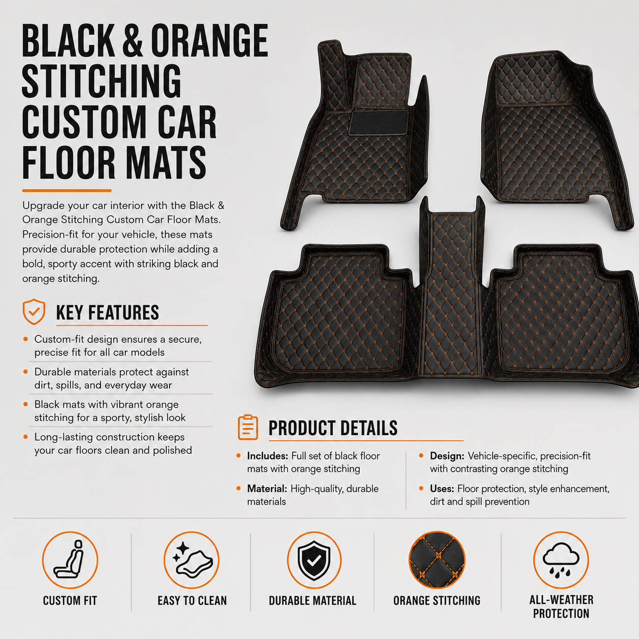 Black & Orange Stitched Diamond-Quilted Leather Floor Mats – Custom-Fit