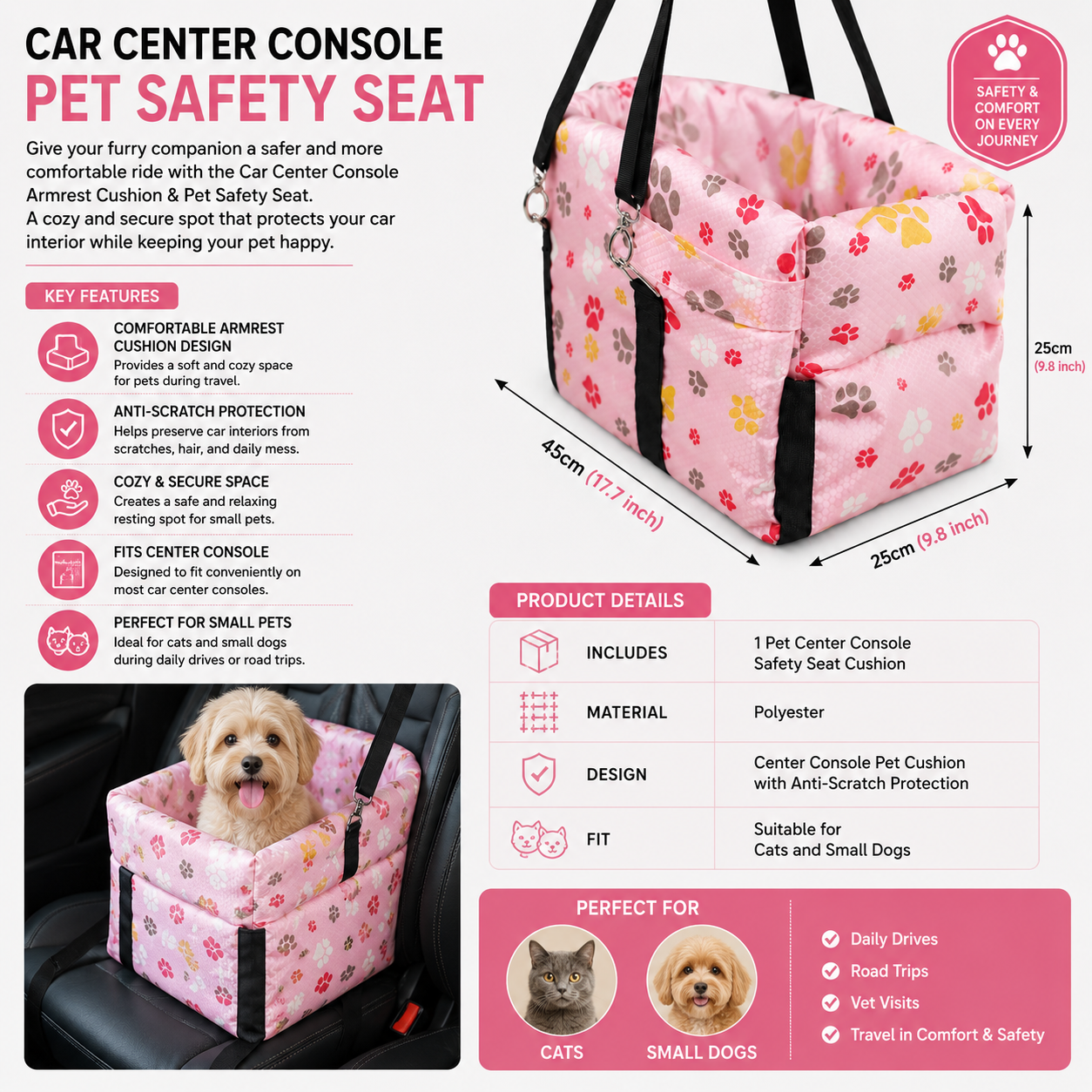 Dog Car Seat Center Console Armrest Cushion