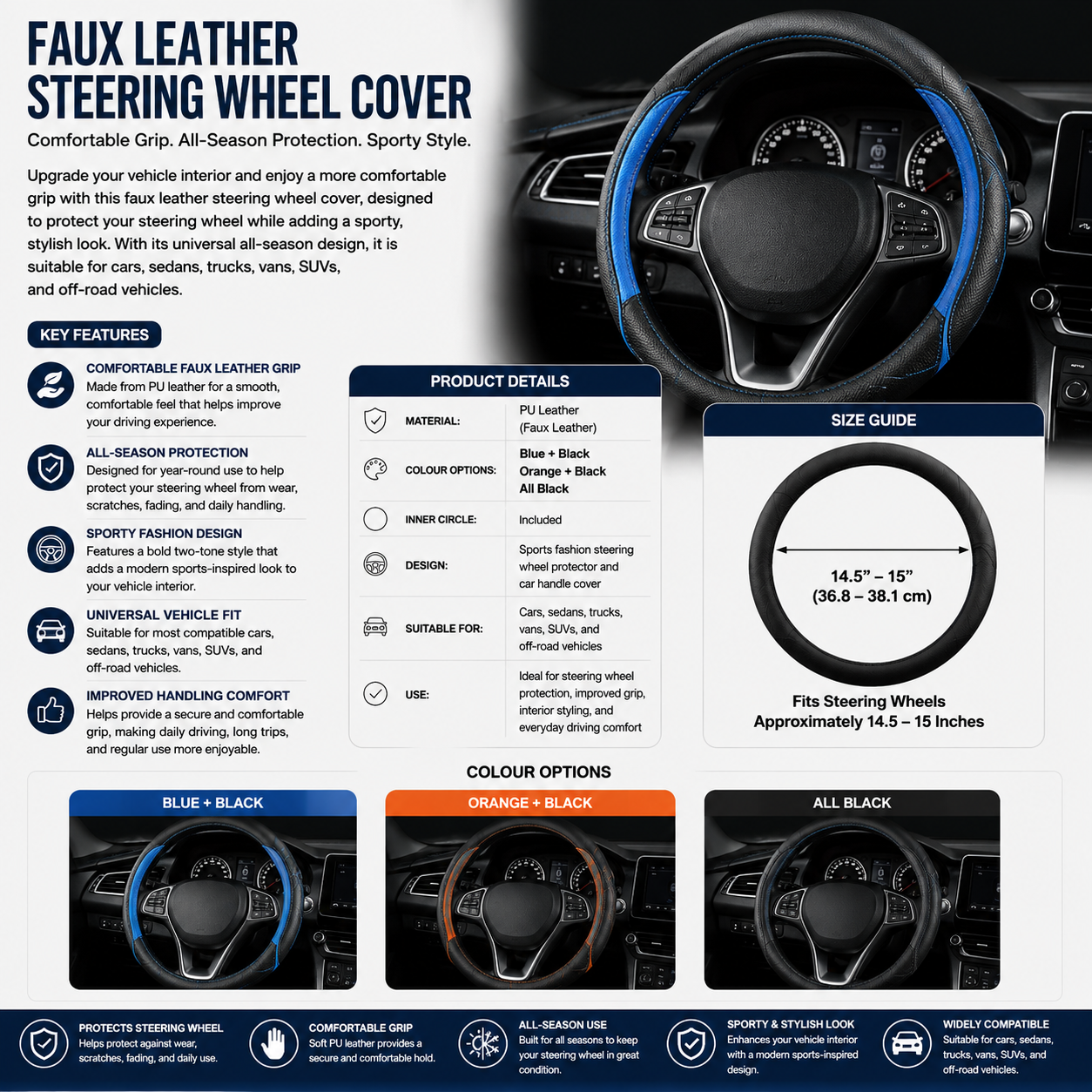 Universal Faux Leather Steering Wheel Cover
