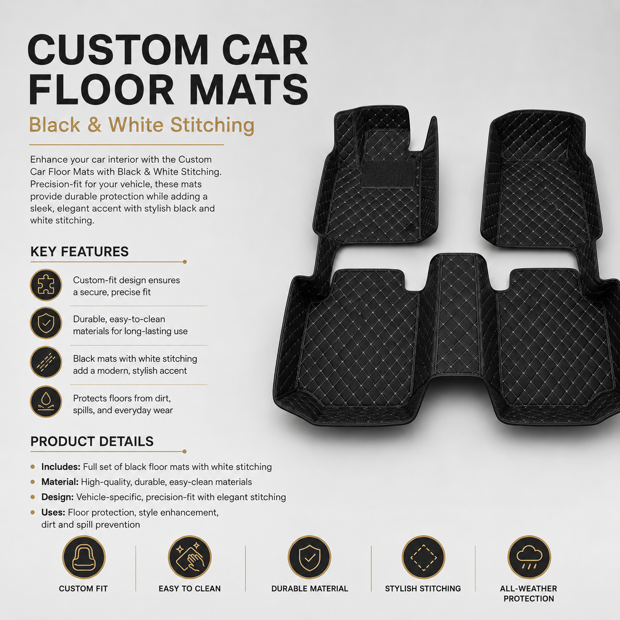 Black & White Stitched Diamond-Quilted Leather Floor Mats – Custom-Fit