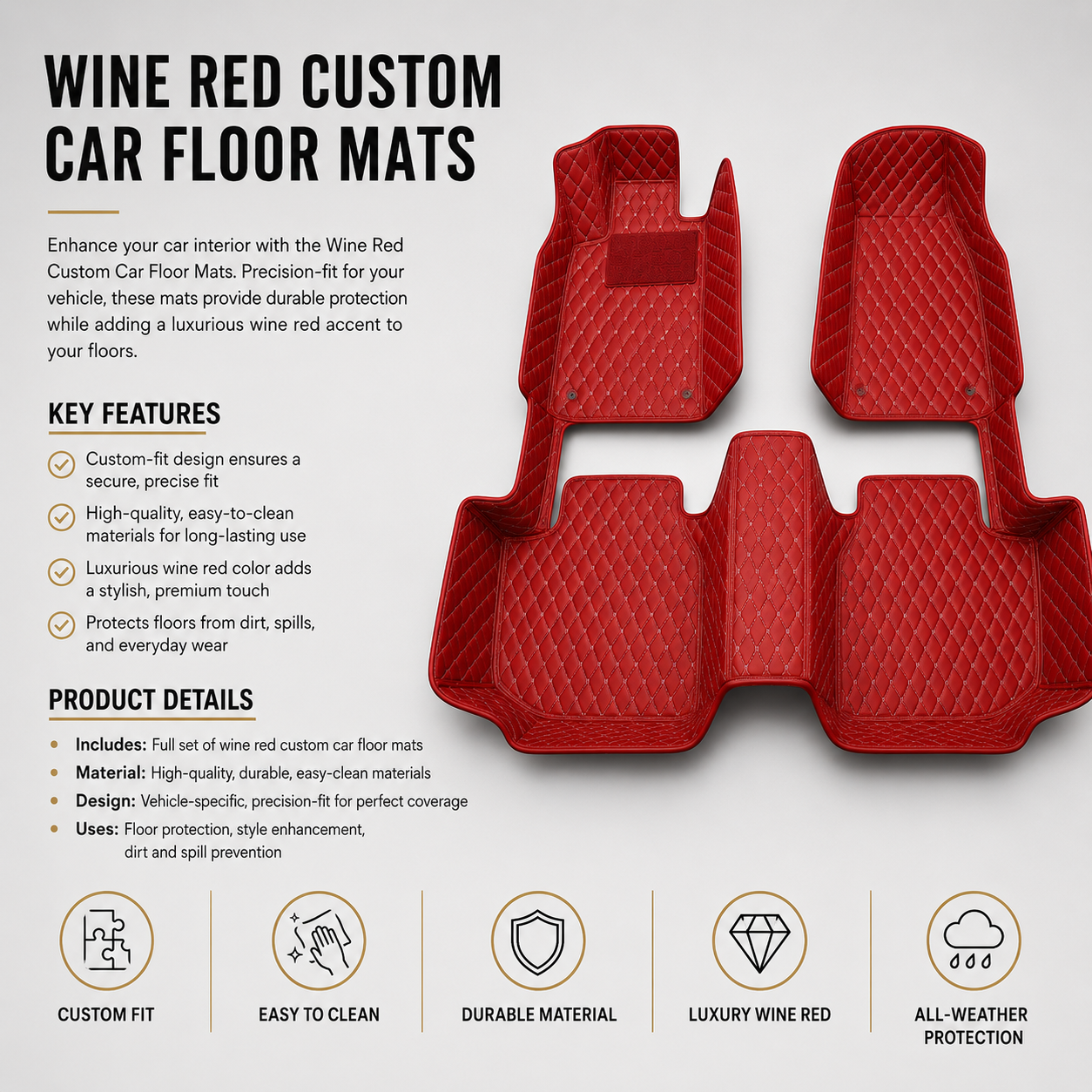 Wine Red Diamond-Quilted Leather Floor Mats – Custom-Fit Luxury Set