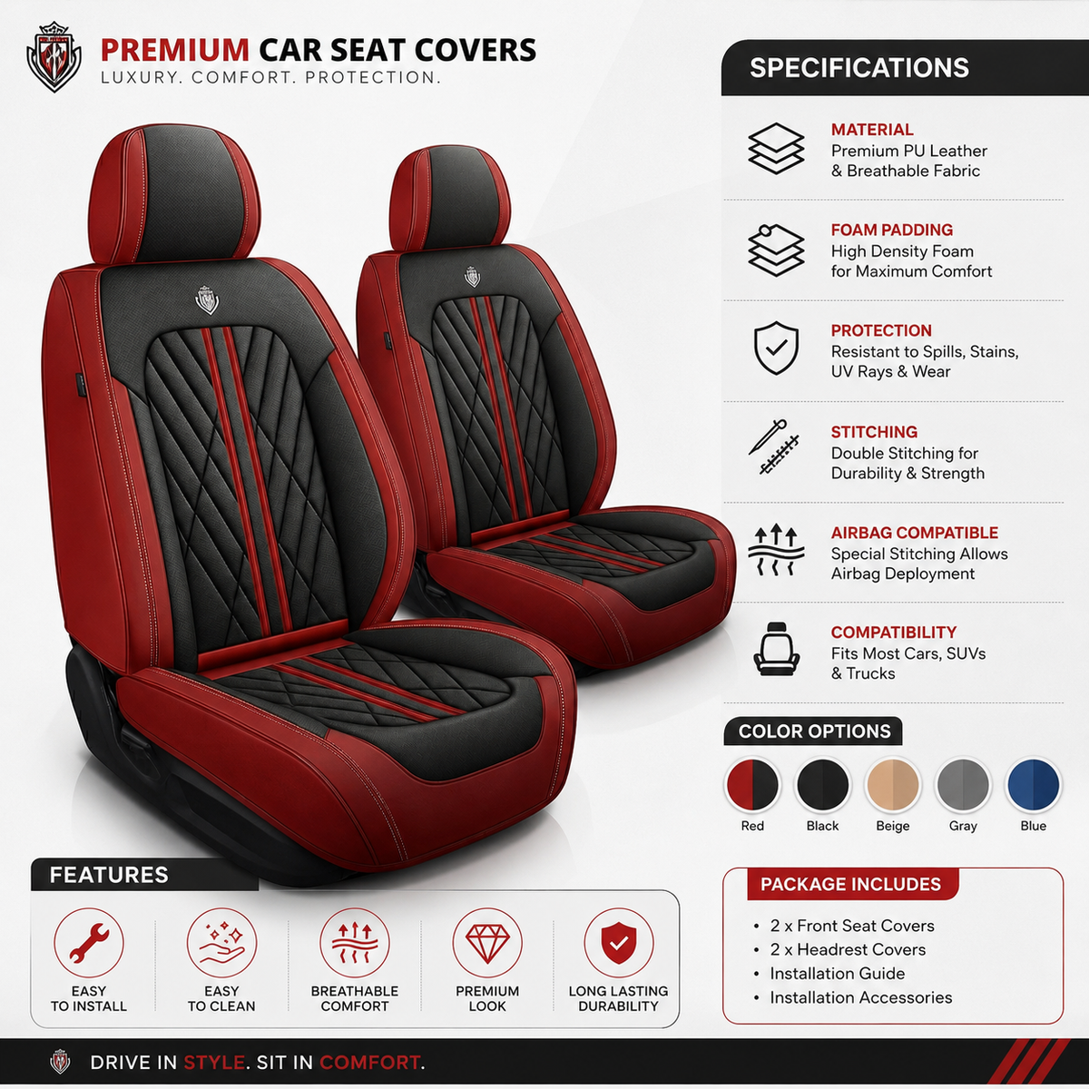 Red & Black Seat Covers for Toyota RAV4 | Vegan Leather