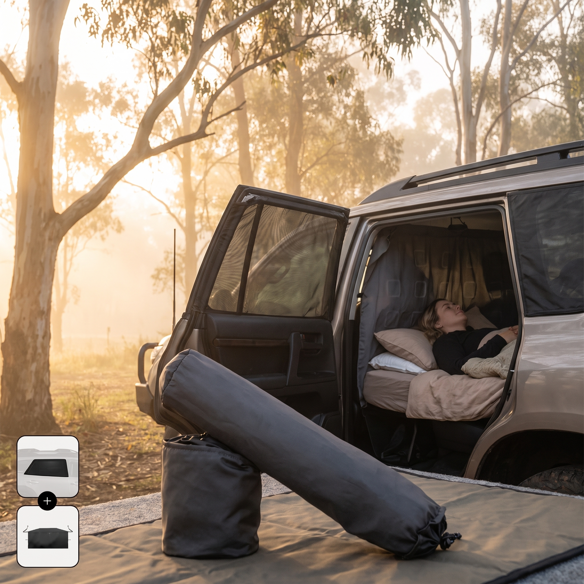 Car Camping Privacy Kit – in use at a gum-tree clearing at dawn with light mist