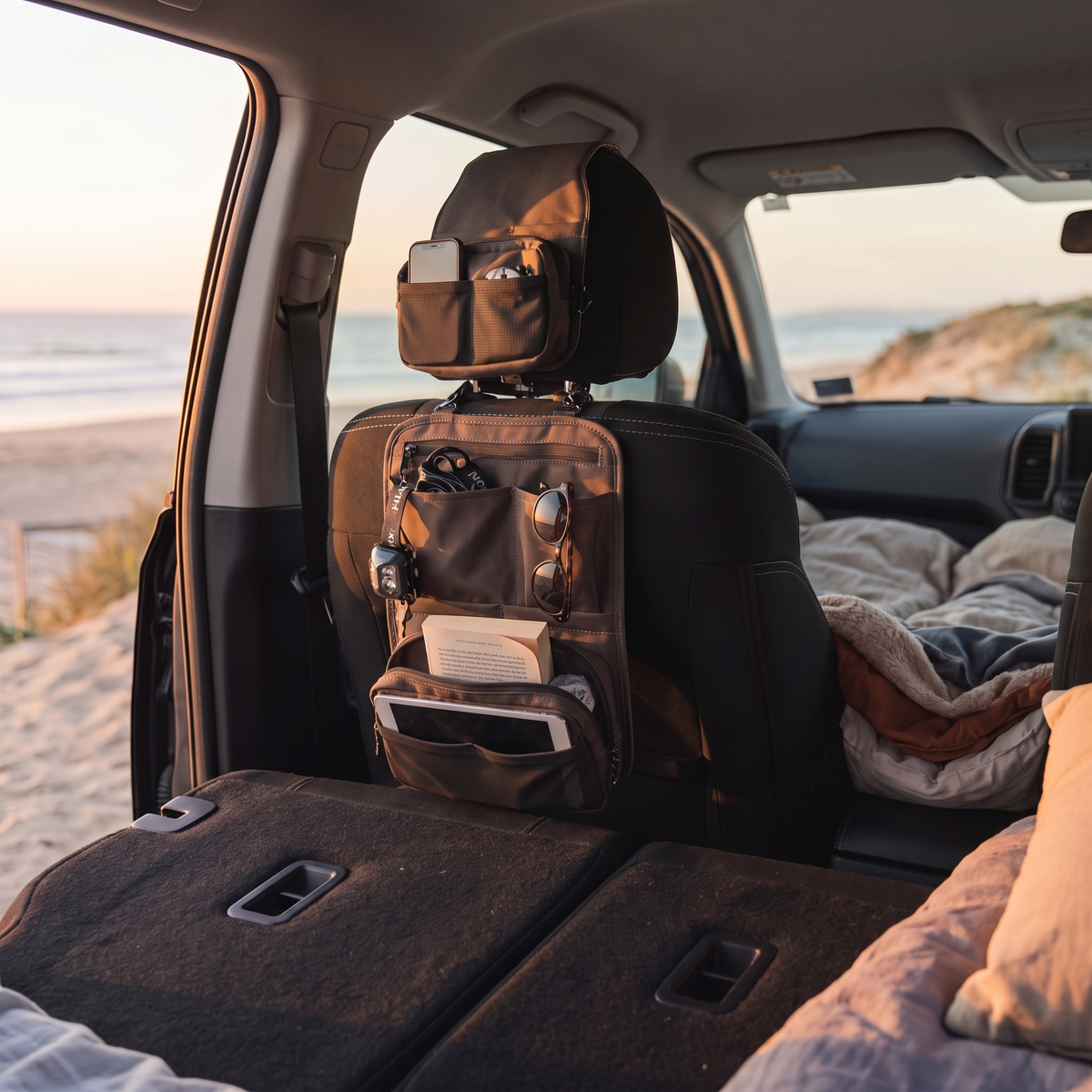 Headrest Organiser with Removable Pouch – loaded with essentials in use