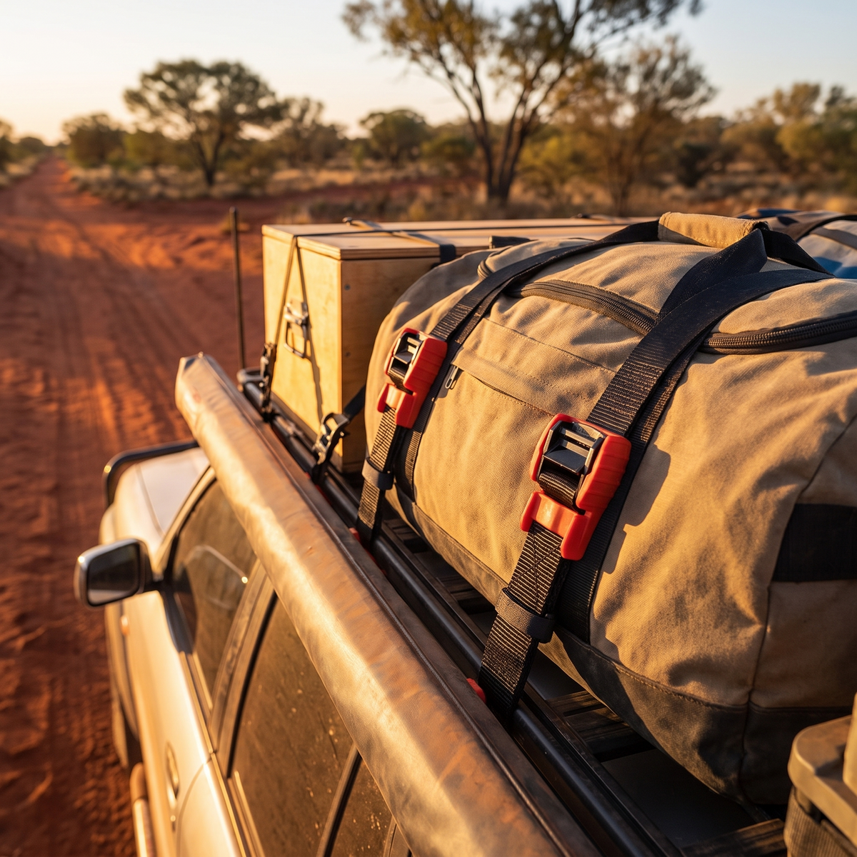 Heavy-Duty Cam Buckle Tie-Down Straps – in use at a red-dirt outback track at golden hour