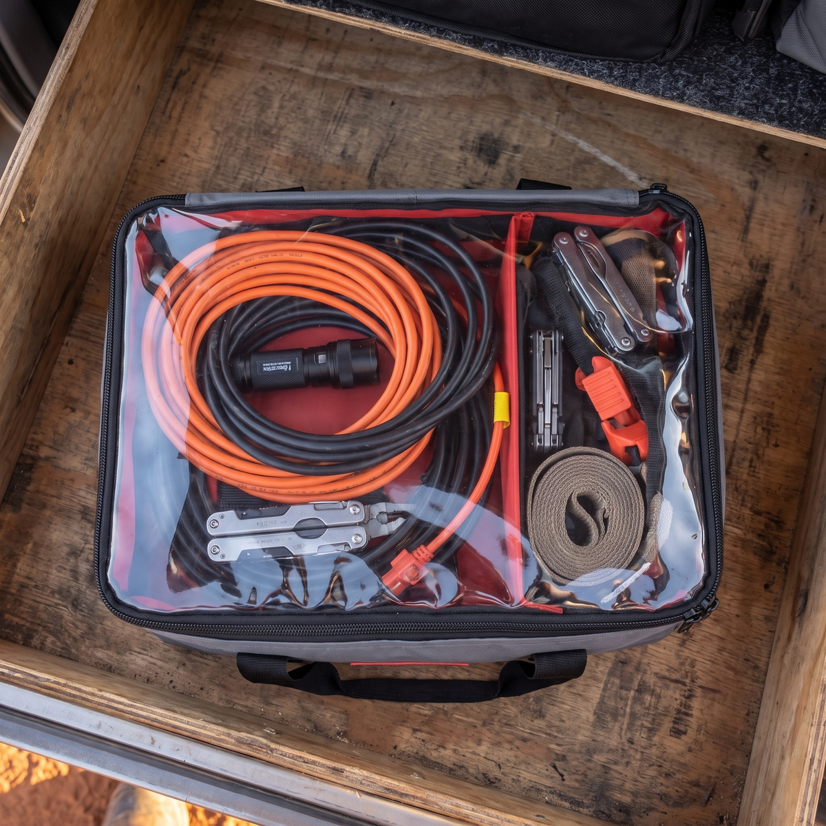 Heavy-Duty Canvas Storage Bag with Clear Lid – clear lid showing packed contents