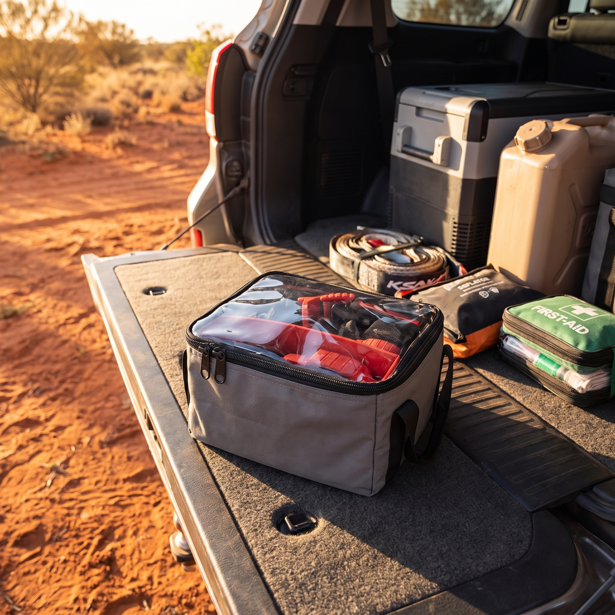 Heavy-Duty Canvas Storage Bag with Clear Lid – in use at a red-dirt outback track at golden hour