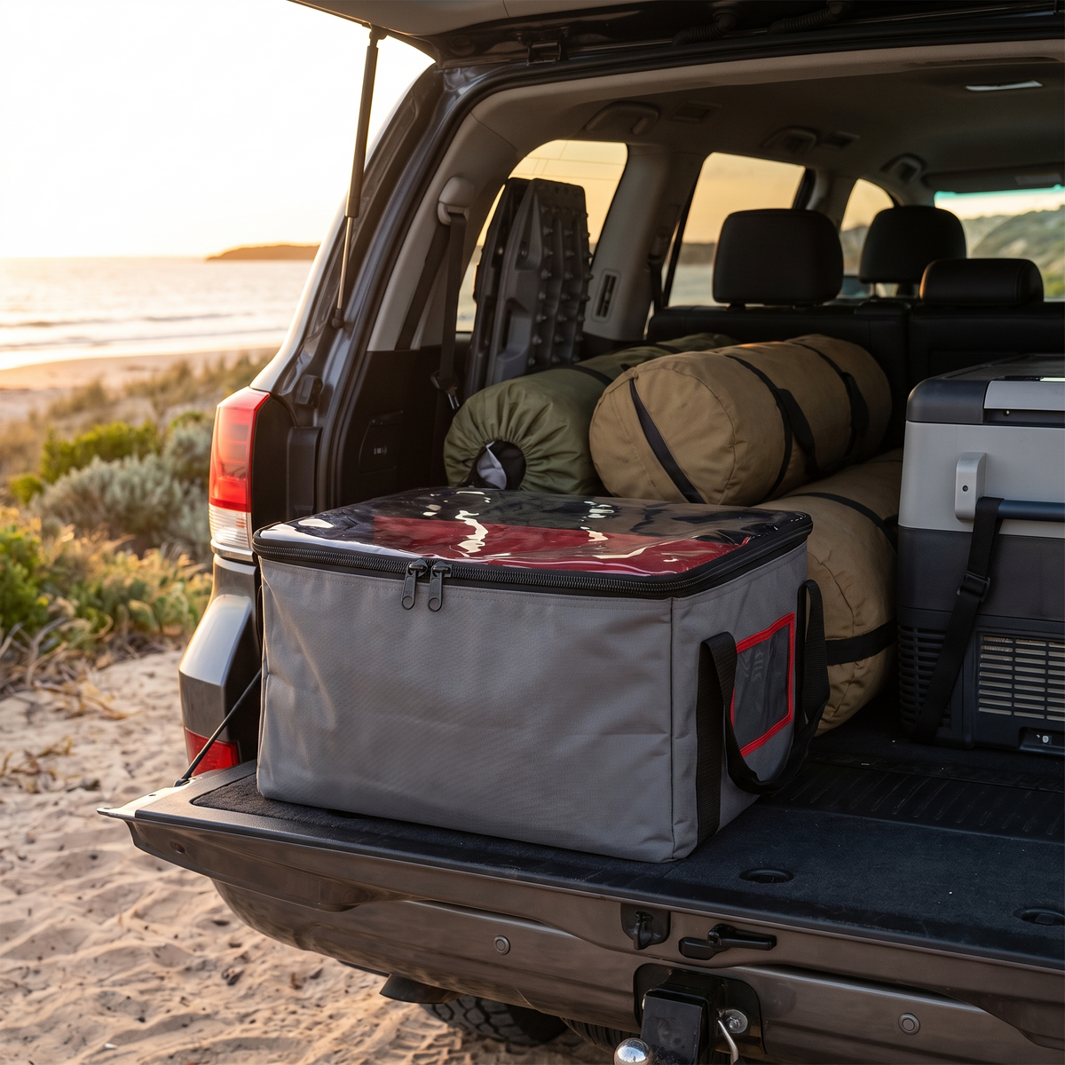 Heavy-Duty Canvas Storage Bag with Clear Lid – in use at a coastal beach campground at sunset
