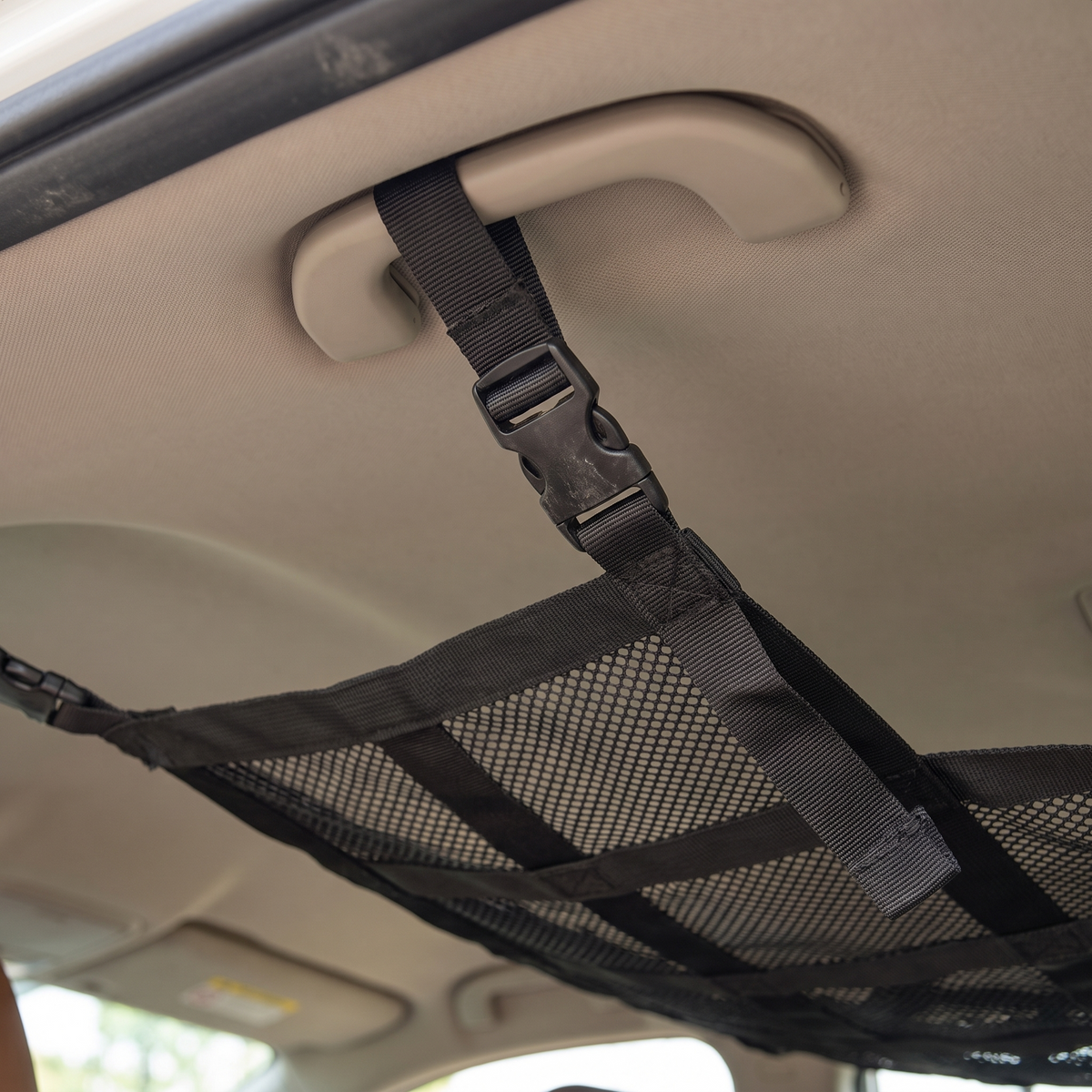 Interior Roof Cargo Net with Zip Compartment – strap clip on roof grab handle