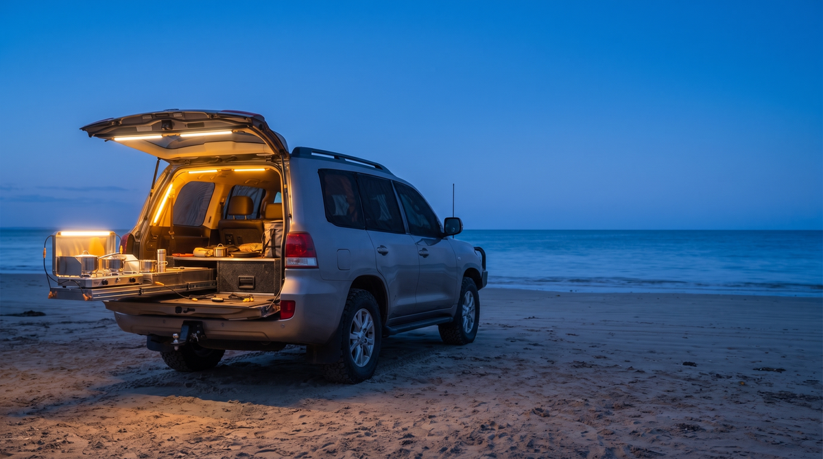 SUV camped by the beach with window screens and LED camp light