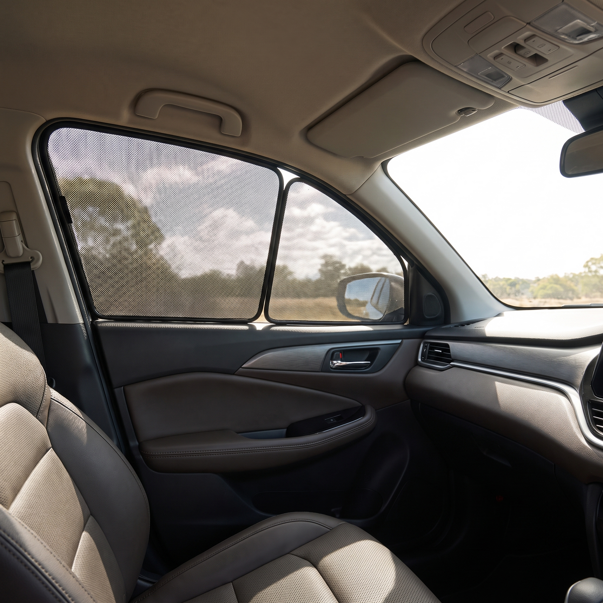 Snap-on window sun shades fitted in a car