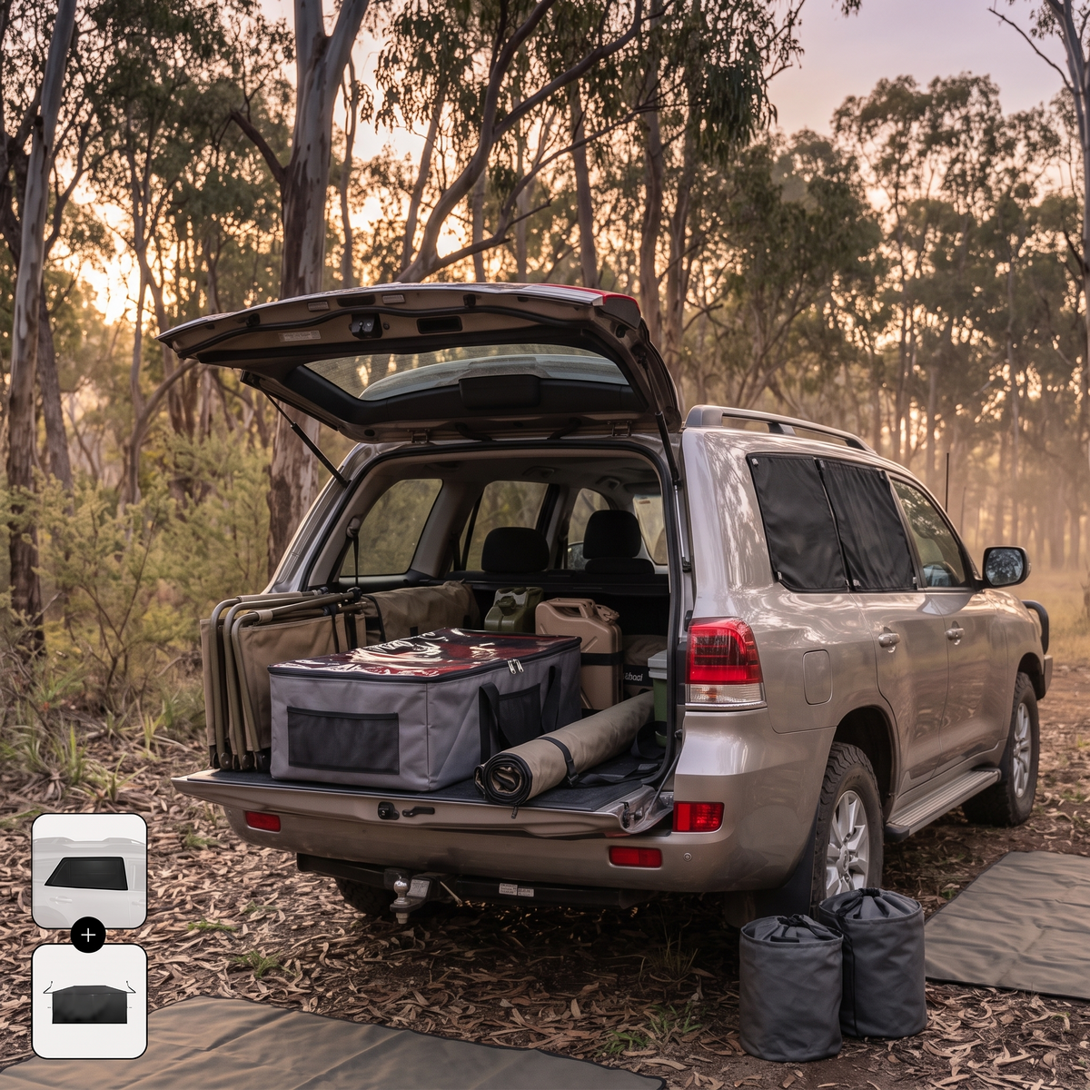 SUV packed for car camping with canvas bags and window screens
