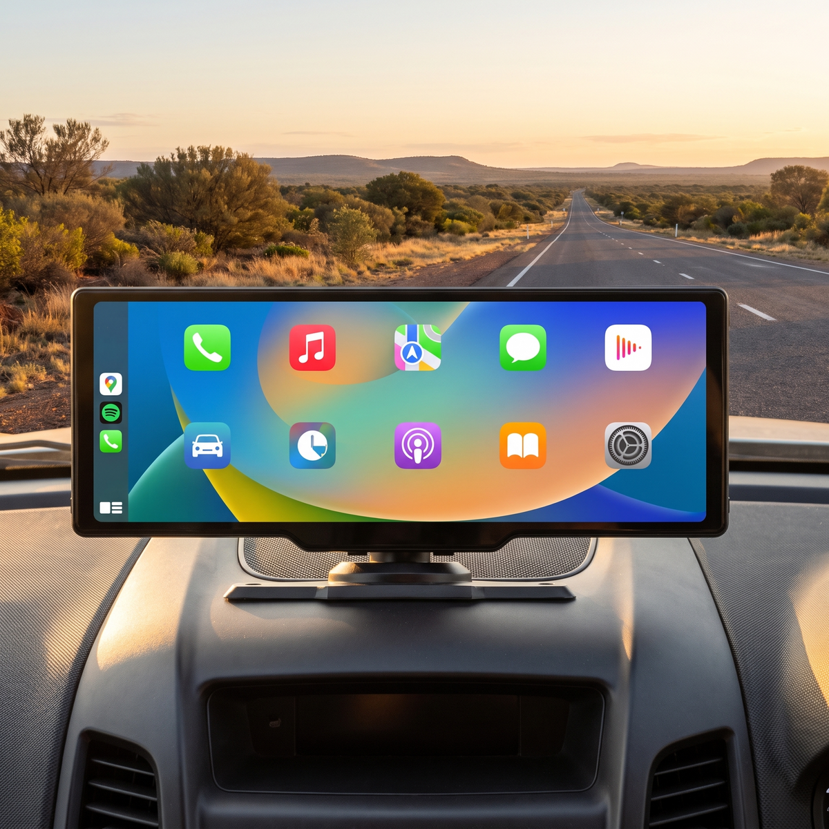 CarPlay screen with dash cam on a ute dashboard