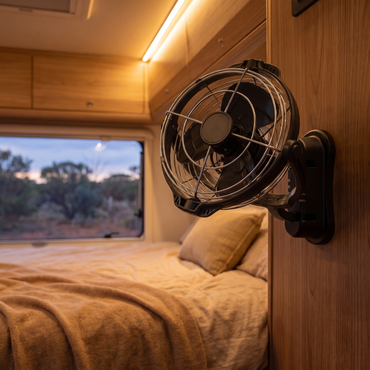 12V/24V 360° Swivel Camp Fan – 360-degree swivel shown