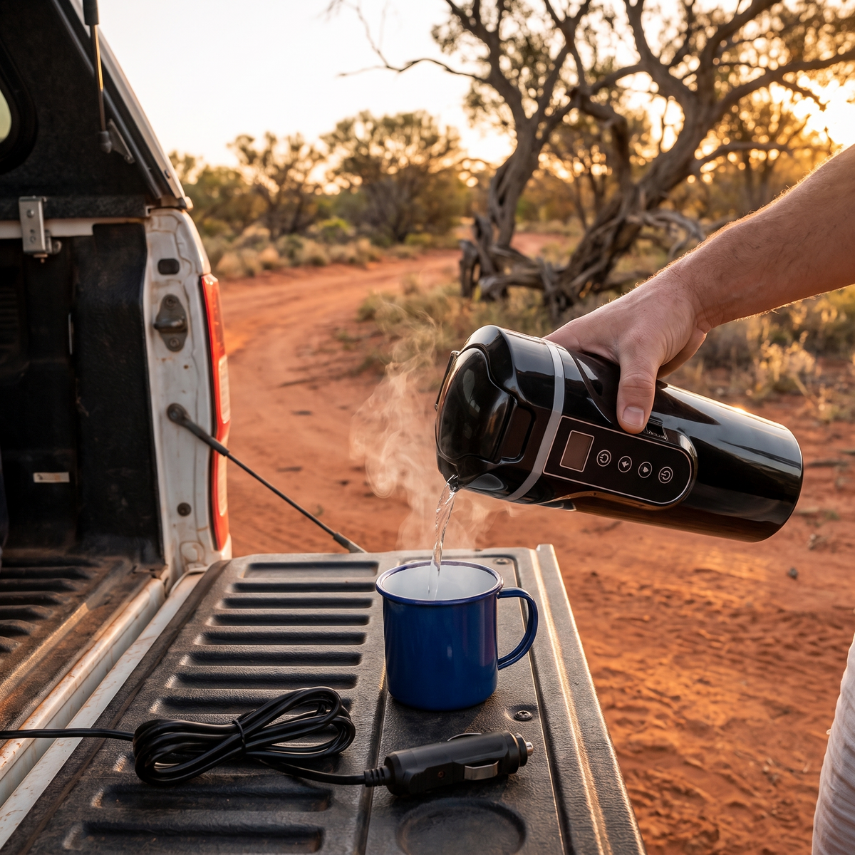 12V Travel Kettle Mug – pouring hot water at the tailgate