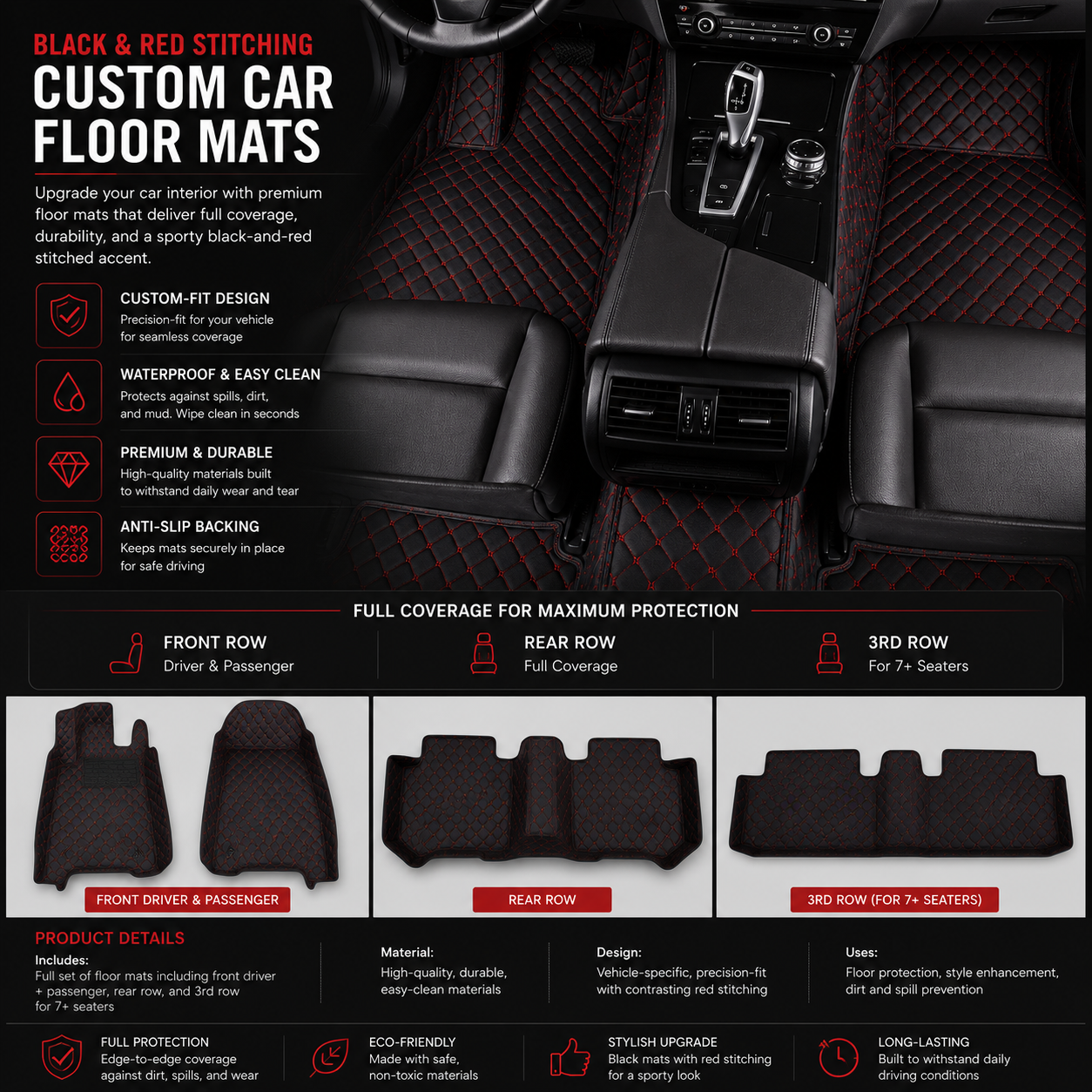 Black & Red Stitched Diamond-Quilted Leather Floor Mats – Custom-Fit