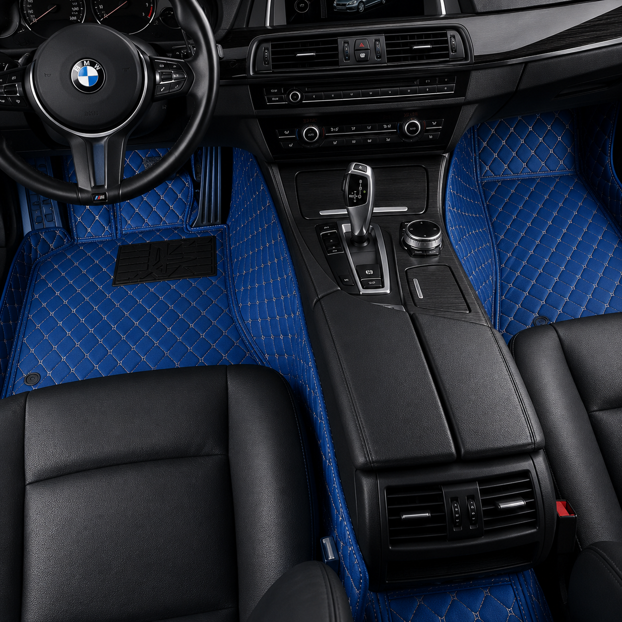 Sapphire Blue Diamond-Quilted Leather Floor Mats – Custom-Fit