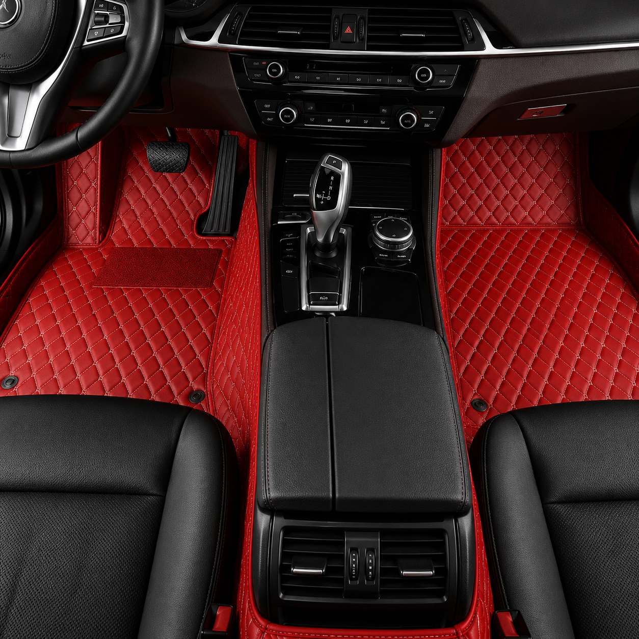 Wine Red Diamond-Quilted Leather Floor Mats – Custom-Fit Luxury Set