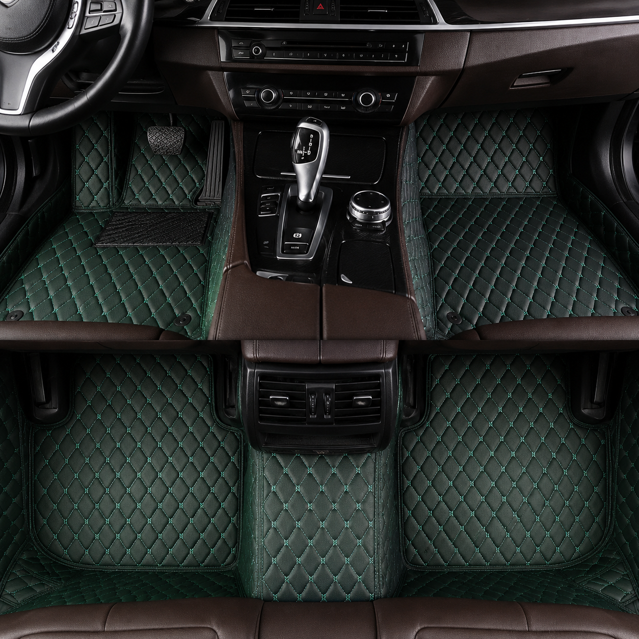 Black & Green Stitched Diamond-Quilted Leather Floor Mats – Custom-Fit