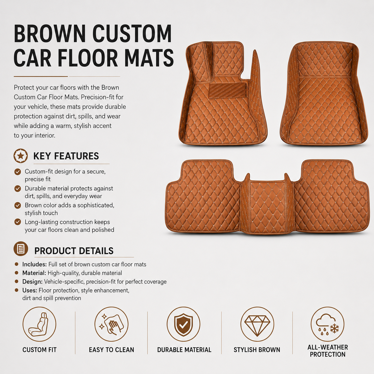 Cognac Brown Diamond-Quilted Leather Floor Mats – Custom-Fit