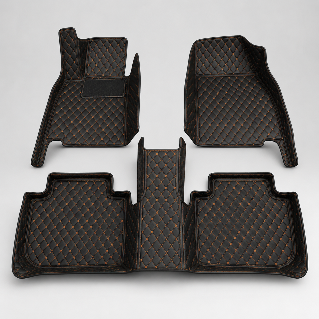 Black & Orange Stitched Diamond-Quilted Leather Floor Mats – Custom-Fit