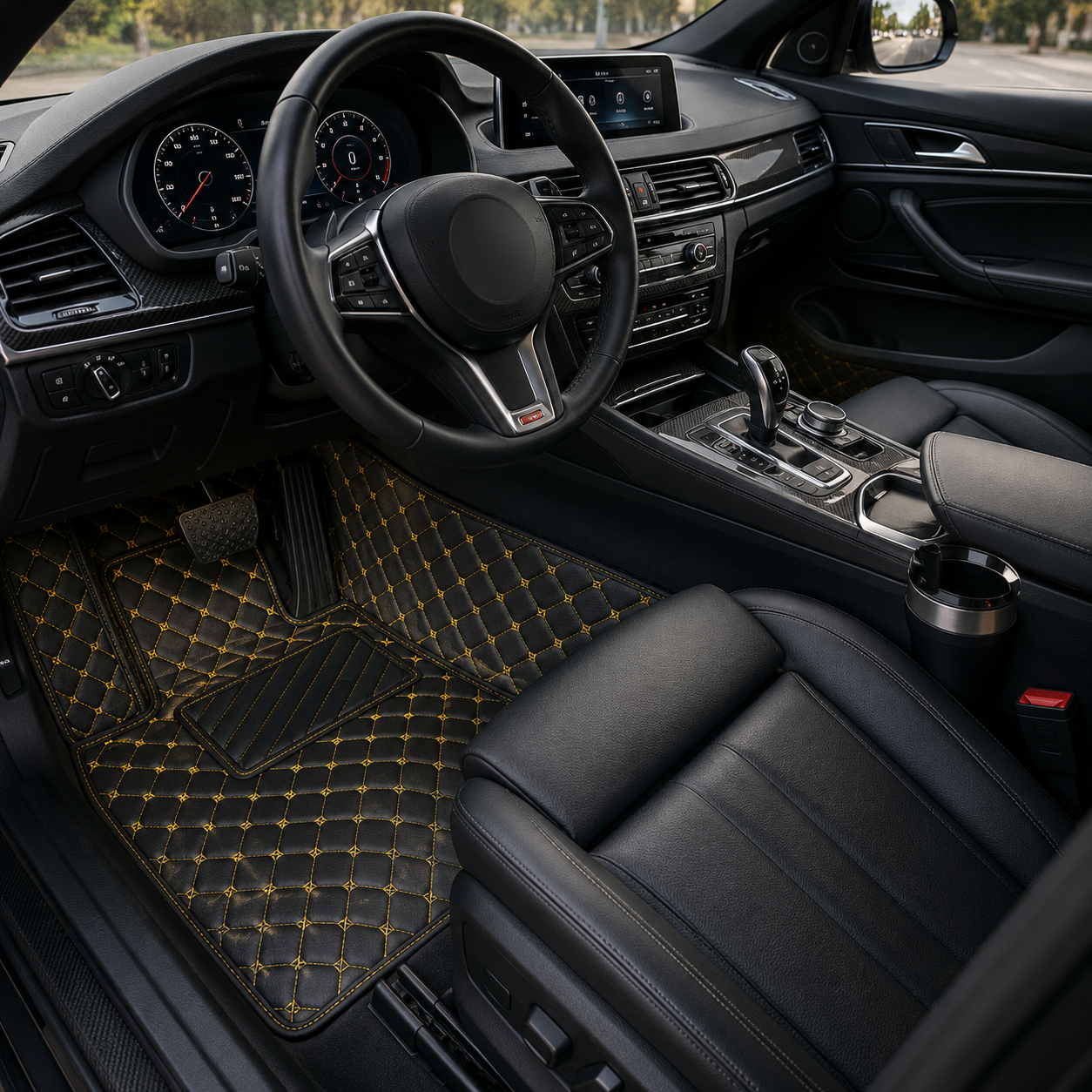 Black & Yellow Stitched Diamond-Quilted Leather Floor Mats – Custom-Fit