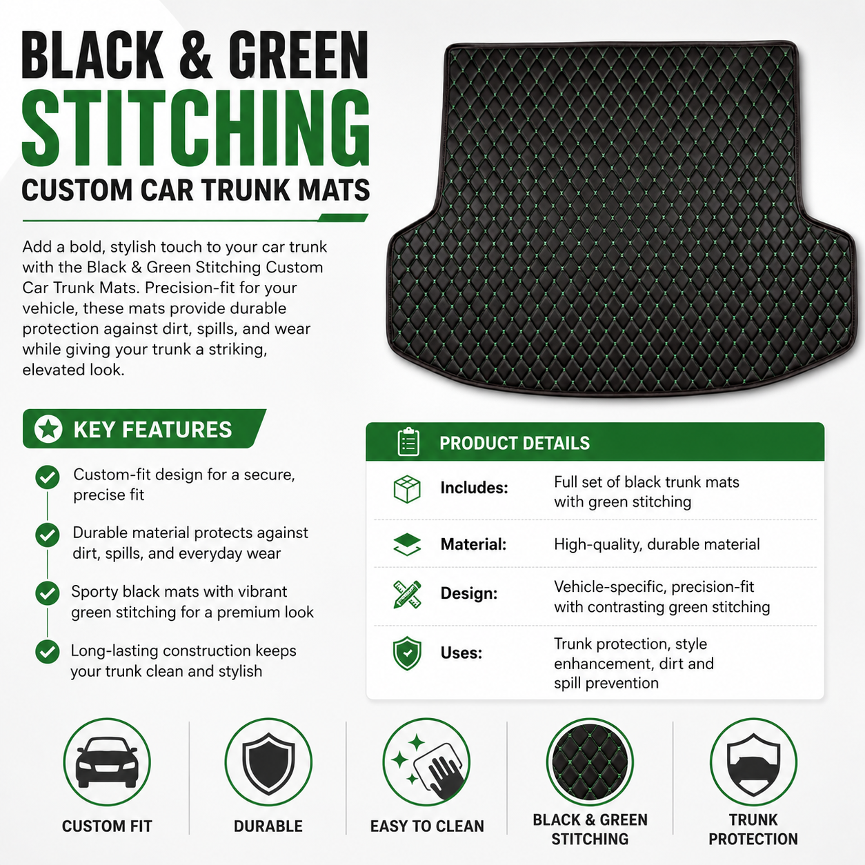 Black & Green Stitching Custom Car Trunk Mats