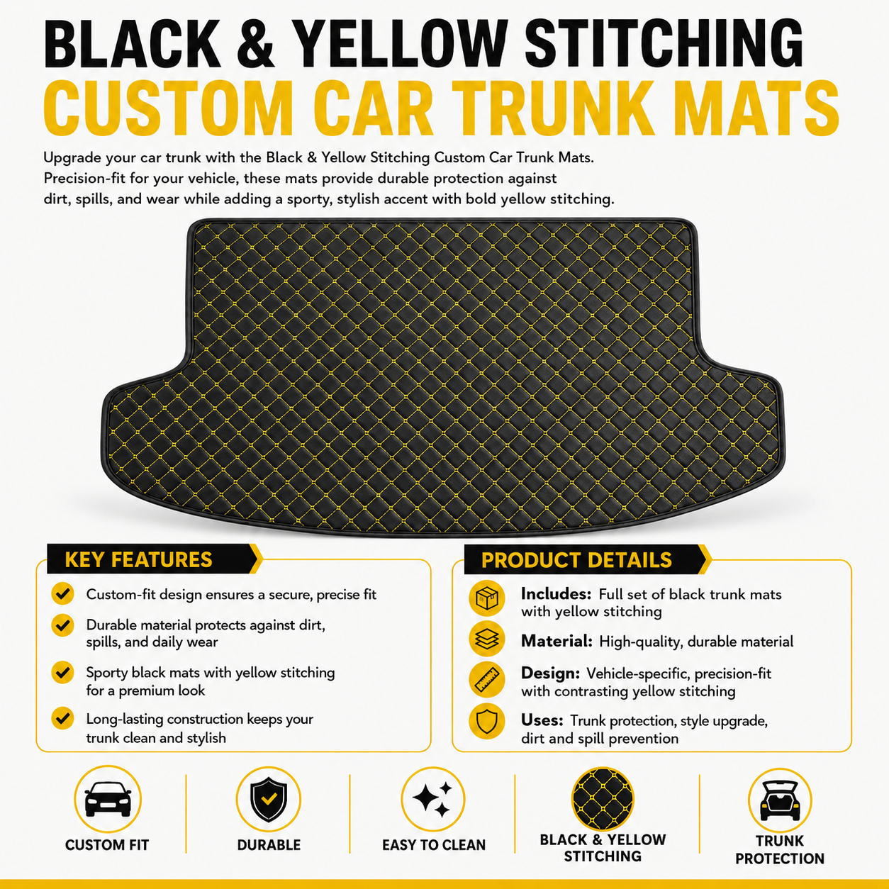 Black & Yellow Stitching Custom Car Trunk Mats