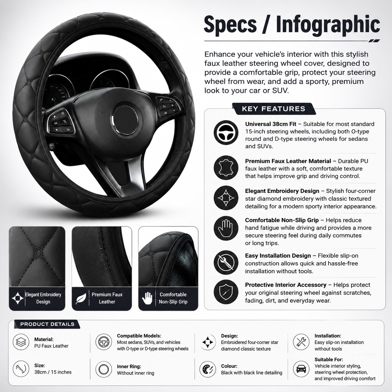 Car Faux Leather Steering Wheel Cover