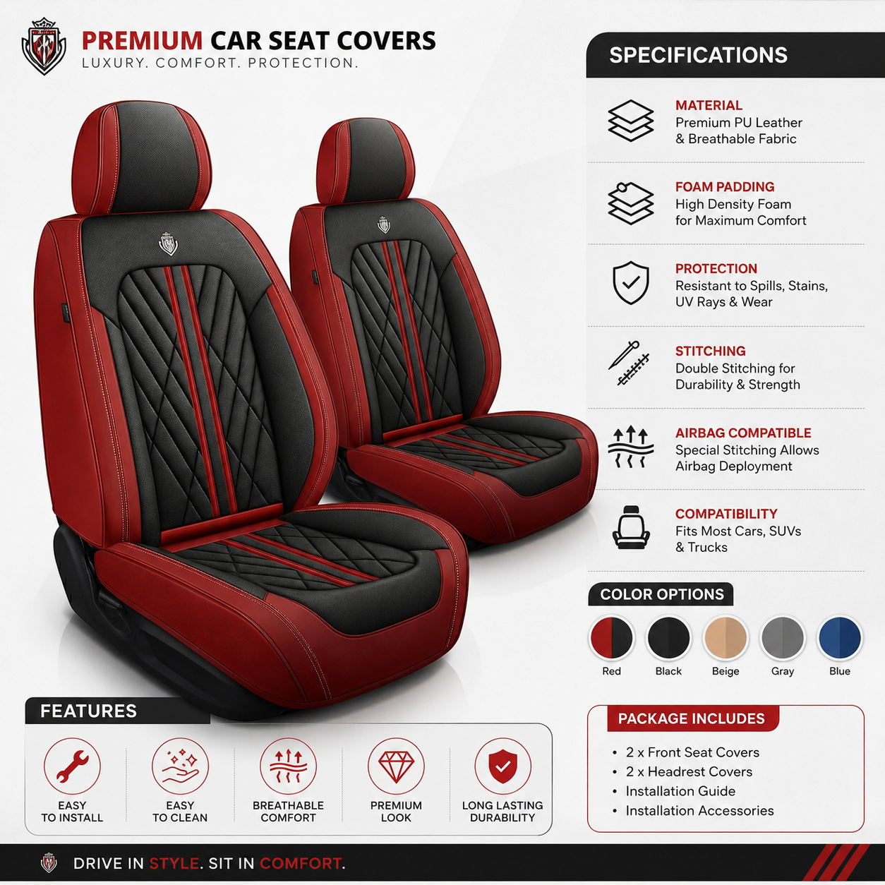 Red & Black Seat Covers for Toyota RAV4 | Vegan Leather