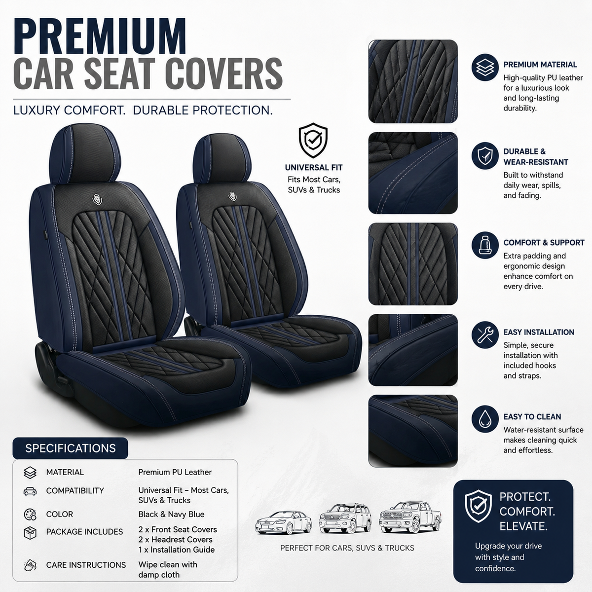 Black & Navy Seat Covers for Toyota RAV4 | Vegan Leather