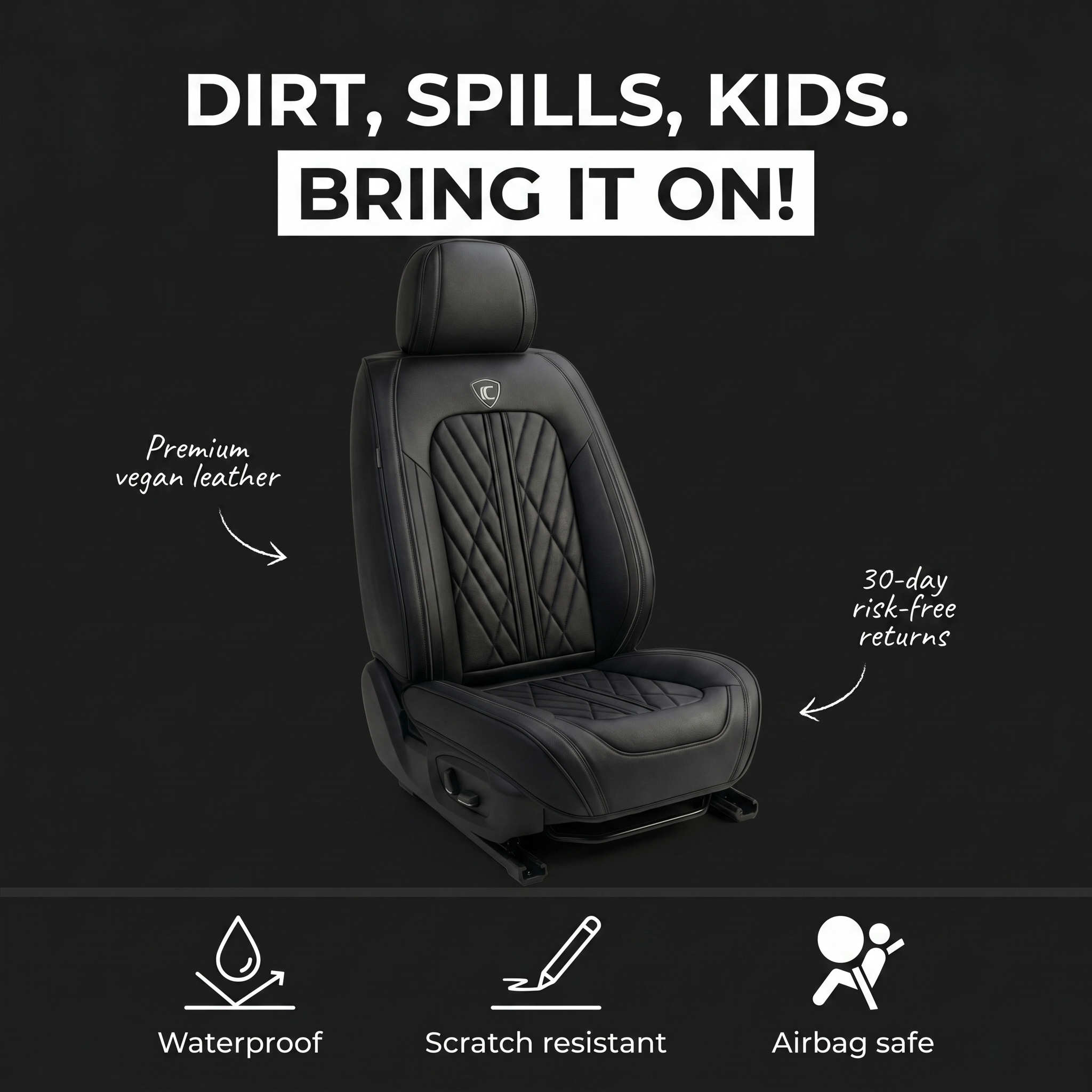 Black Quilted Leather Seat Covers for Toyota RAV4 | Vegan Leather