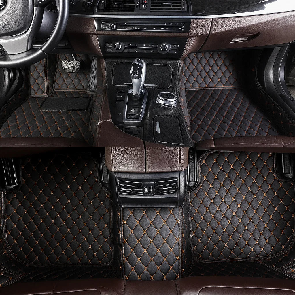 Black & Orange Stitched Diamond-Quilted Leather Floor Mats – Custom-Fit