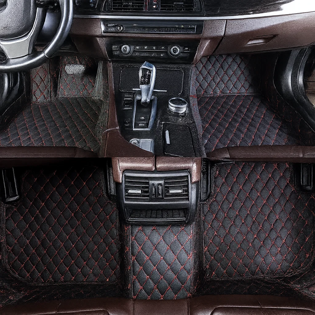 Black & Red Stitched Diamond-Quilted Leather Floor Mats – Custom-Fit
