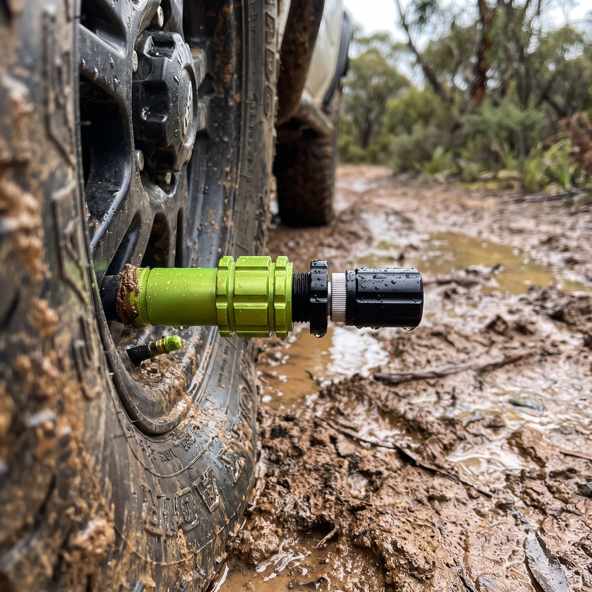 Automatic Tyre Deflator Set – in use at a muddy bush track after rain