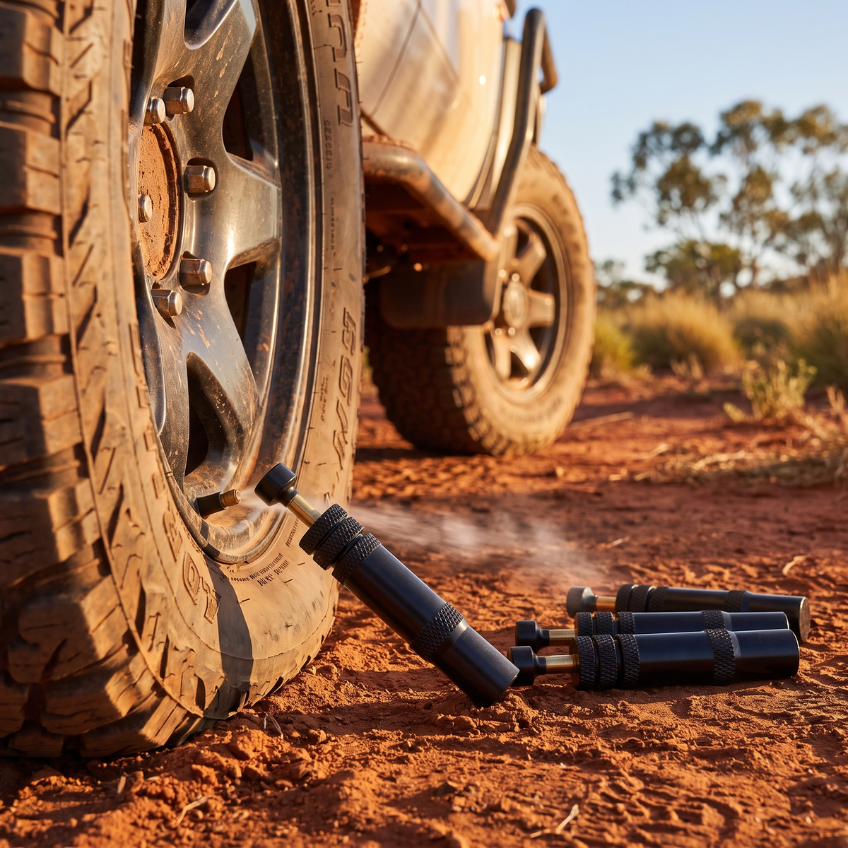 Automatic Tyre Deflators – in use at a red-dirt outback track in warm afternoon sun