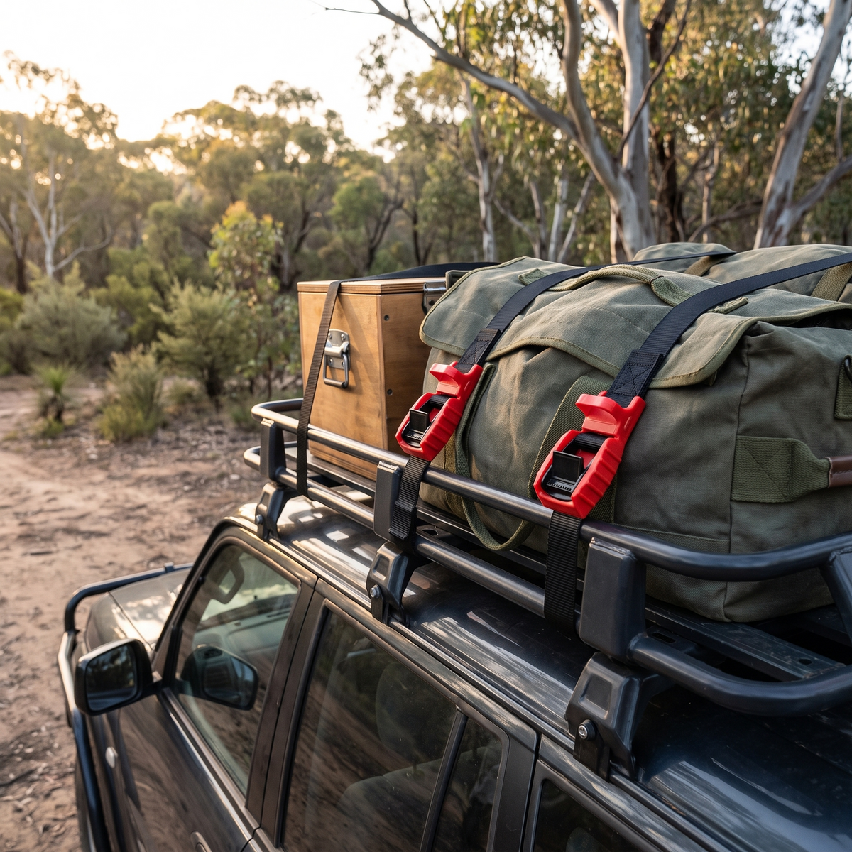 Cam Buckle Tie-Down Straps – in use at a eucalyptus bush campsite in soft morning light