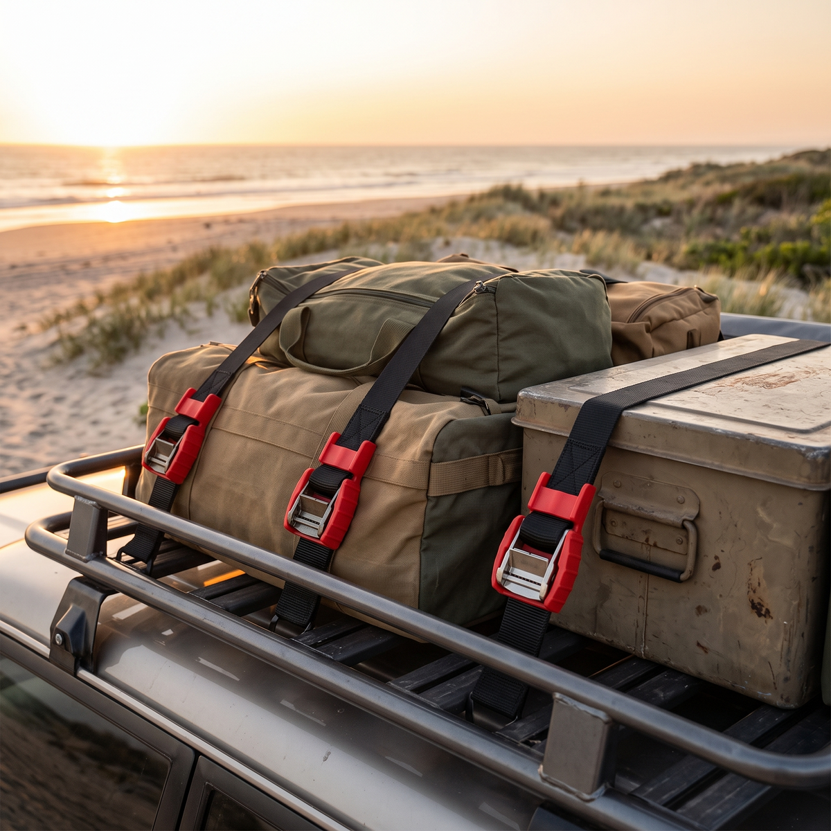 Heavy-Duty Cam Buckle Tie-Down Straps – in use at a coastal beach campground at sunset