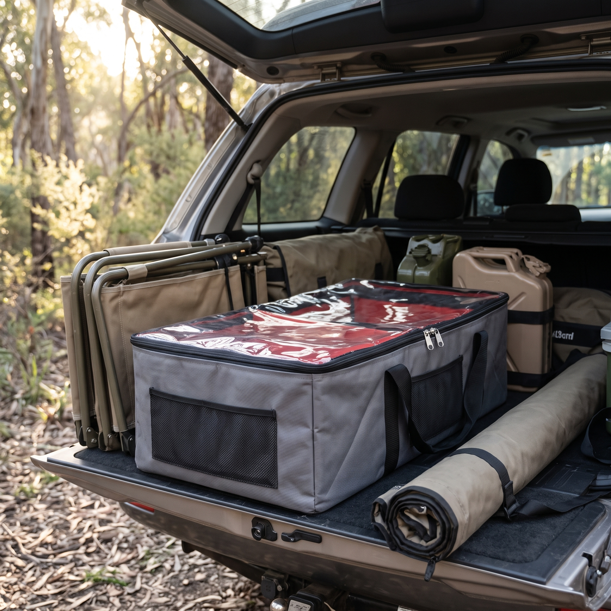 Heavy-Duty Canvas Storage Bag with Clear Lid – in use at a eucalyptus bush campsite in soft morning light