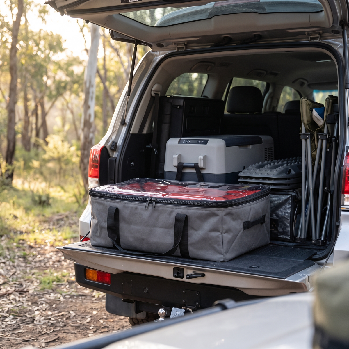 Heavy-Duty Canvas Storage Bag with Clear Lid – in use at a eucalyptus bush campsite in soft morning light